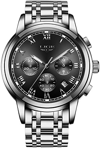 LIGE Mens Watches Chronograph Analogue Classic Quartz with Date Waterproof Stainless Steel Casual Gent Male Wrist Watch
