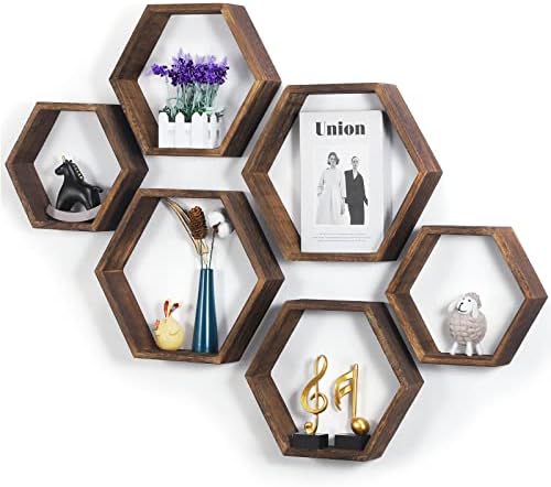 SEHERTIWY Hexagonal Floating Shelves Wall Mounted Set of 6 Wood Farmhouse Storage Honeycomb Wall Shelf for Bathroom, Kitchen, Bedroom, Living Room, Office,Driftwood Finish (Dark Brown)
