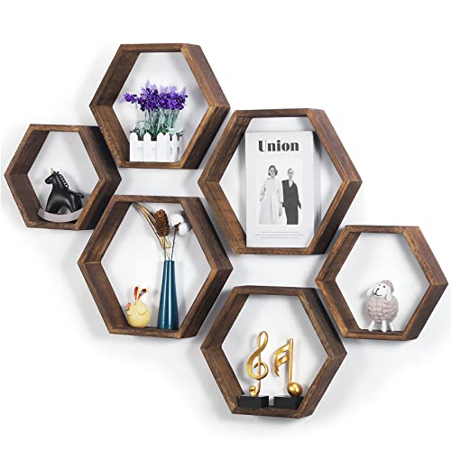 Sehertiwy Hexagonal Floating Shelves Wall Mounted Set Of 6 Wood Farmhouse Storage Honeycomb Wall Shelf For Bathroom, Kitchen, Bedroom, Living Room, Office,Driftwood Finish (Dark Brown) #TOP2