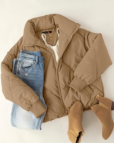 ZESICA Women\'s Winter Cropped Puffer Jacket Long Sleeve Zip Up Quilted Short Down Coat with Pockets,Khaki,Medium - Thumbnail 5