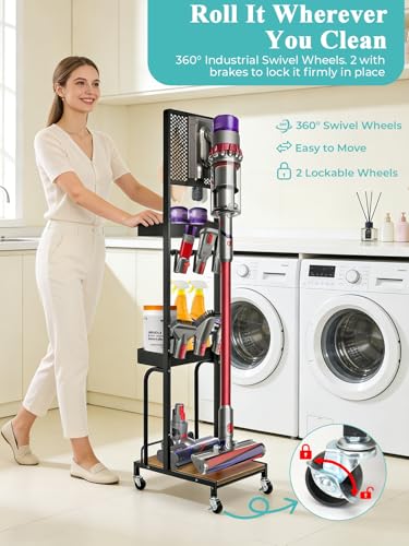 Image of Haturi Vacuum Stand for Dyson V15 Gen5 V16 V12 V11 V10 V8 V7, Cordless Vacuum Accessory Holder with Wheels & Pegboard, Heavy Duty Metal Floor Storage Bracket Organizer with 2 Baskets, Black