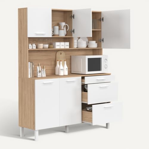 Buffet casserolier de cuisine 140 cm CINA 5 portes + 3 tiroirs façon hêtre et - vue 8