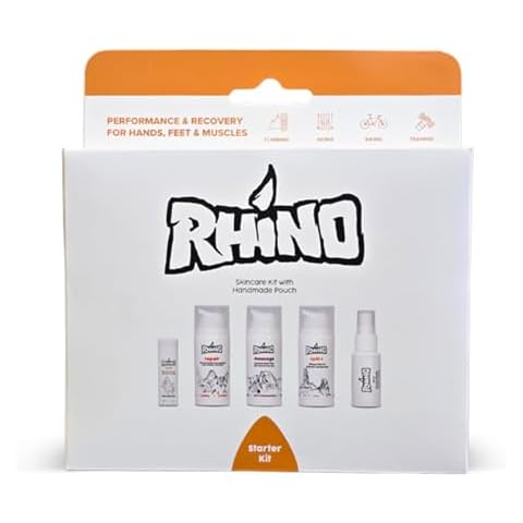 Rhino Skin Starter Kit Bundle - Climbing Skincare 5-Piece Set with Hand Cream, Lotion, Conditioner, Antiperspirant, and Balm | For Dry and Cracked Hands | Travel Size Hand Creams with Handmade Pouch Cover