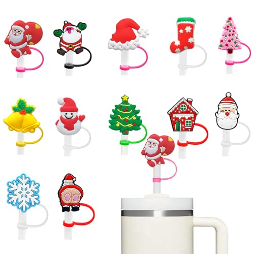 12Pcs Straw Covers Cap for Stanley Cup,Christmas Silicone Straw Cover Straw Toppers Compatible with Stanley 30&40 Oz Tumbler Cute Santa Claus Snow Christmas Tree for Stanley Cup Accessories