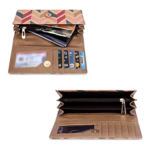 Image of THE CLOWNFISH Charisma Collection Printed Handicraft Fabric & Faux Leather Womens Wallet Clutch Ladies Purse with Multiple Card Slots (Cream-Wave Design)