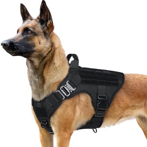 rabbitgoo Tactical Dog Harness Medium Sized, Heavy Duty Pet Harness with Handle, No-Pull Service Vest Medium Breed, Adjustable Military Dog Vest for Training Hunting Walking, Black, M