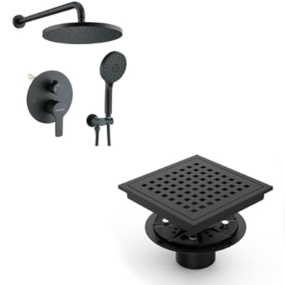 KOJOX High-Pressure Shower System & 6" Quadrato Shower Drain Bundle: 3-Setting Handheld Fixture, Matte Black Valve, SUS 304 Rust-Resistant Drain