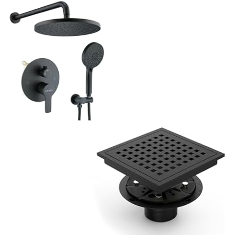 KOJOX High-Pressure Shower System & 6" Quadrato Shower Drain Bundle: 3-Setting Handheld Fixture, Matte Black Valve, SUS 304 Rust-Resistant Drain Cover