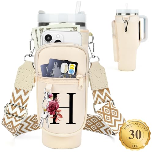 LOKASS Personalized for Stanley Cup Accessories 30oz, Initial Stanley Cup Holder with Strap, Cup Carrier Bag Water Bottle Holder with Phone Pocket Gifts for Women,Girls,Travel,Walking,Work