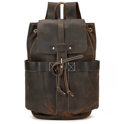 Mens Backpack Men's Leather Backpack Men's Shoulder Bag Flap Backpack for Camping Outdoor Sport,Dark Brown-42x30x16cm