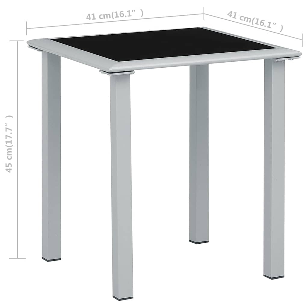 Mesa de jardín de acero con recubrimiento en polvo y cristal templado, color negro y plateado, 41 x 41 x 45 cm, resistente a la intemperie, para terraza, balcón, mesa auxiliar