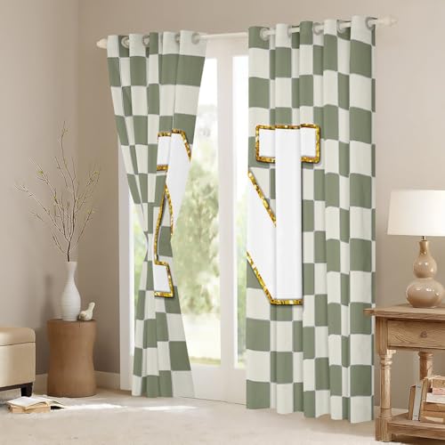 Image of Erosebridal Sage Green Checkered Blackout Curtains for Bedroom Living Room Plaid Initial N Window Curtains 2 Panels 52 inch Wx84 L Personalized Monogram Drapes,Grids Gingham Window Treatments