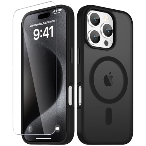 Image of YENAPOON for iPhone 16 Pro Case, Matte Magnetic Phone Cover [with 1 Screen Protector] [Support for MagSafe] [Shockproof Military Grade Protection] Translucent Frosted Back, Black