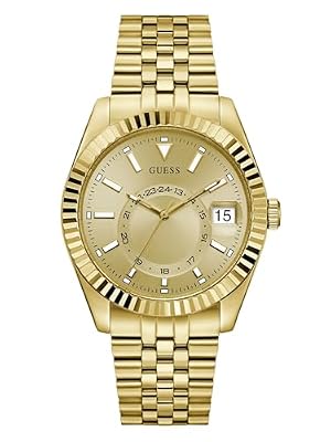 Guess Orologio da polso da uomo JADEN con datario, cinturino in acciaio inox dorato, vetro minerale, quadrante dorato, 3 bar, diametro cassa: 42 mm, GW0977G2