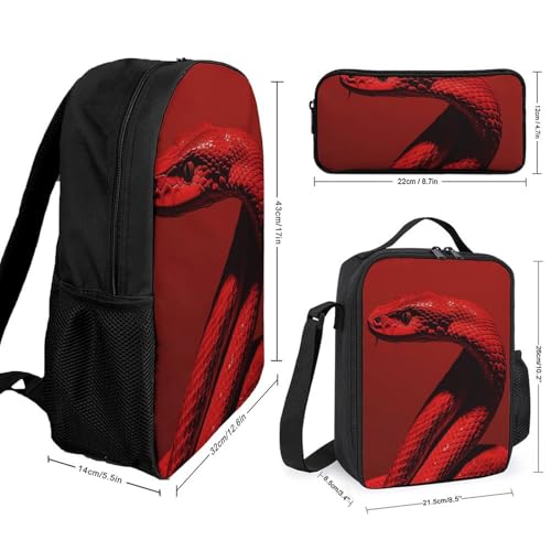 3 Piece Backpack for Women Men Lightweight Causal Daypack Shoulder Bag Set with Insulated Lunch Bag And Pencil Case Organizers Curly Red Snake2