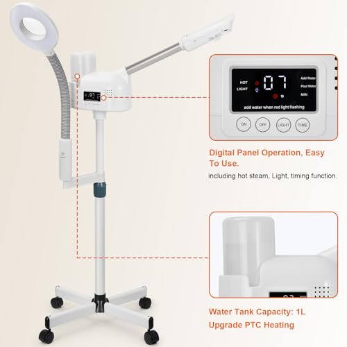 JOSTZHXIN Professional Facial Steamer with 5X Magnifying Lamp, 2 in 1 Facial Steamer Upgrade PTC Heating, Esthetician Steamer Black Face Steamer for Salon Spa Beauty Skin Care (White)