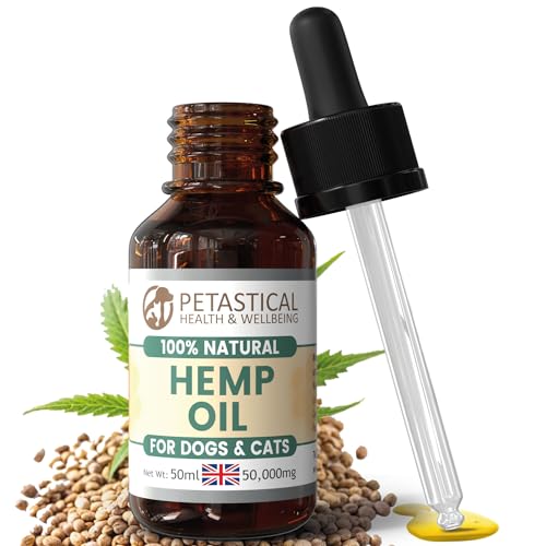 Petastical Hemp Oil for Dogs, Cats - Natural Calming Aid Omega Vitamins Rich Supplement Drops for Pets, Hip Joint, Valerian Skullcap Alternative - 50 ml