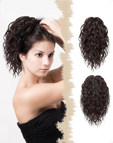 SanKristo Extensión de cabello en coleta con cordón, 30 cm Cola Caballo corta Pinza clip Pelo natural En capas Rizado ondulada sintética Rizada Ponytail peluca postiza Añadido para mujeres, Marrón