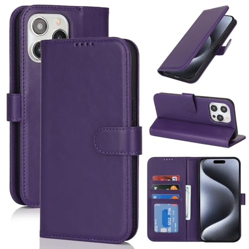 Image of for iPhone 15 Pro Case Wallet with Card Holder,for iPhone 15 Pro Wallet Case for Women Men,PU Leather Shockproof Magnetic Buckle Stand Flip Phone Case-Purple