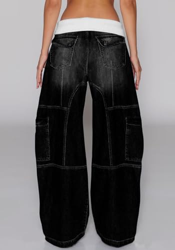 Famnbro Womens Barrel Cargo Jeans Y2k Elastic Patchwork High Waisted Straight Wide Leg Boyfriend Denim Pants4