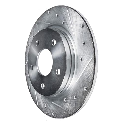 Image of Detroit Axle - Rear Brake Kit for 2001-2007 Chrysler Town & Country | Dodge Caravan Grand Caravan Drilled & Slotted Disc Brake Rotors Ceramic Brake Pads 2002 2003 2004 2005 2006 Replacement