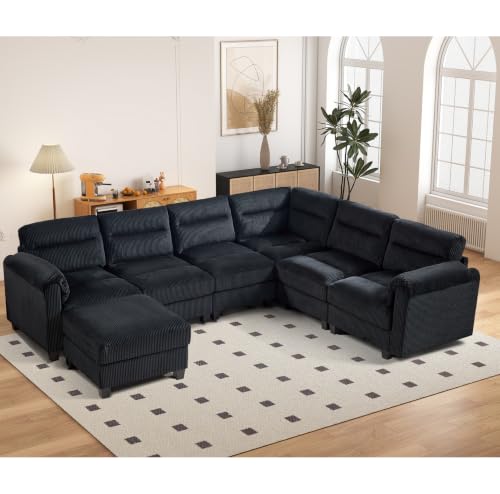 HAOMARKETS 115" Modular Sectional Sofa Couch with Movable Ottoman, Oversized Corduroy U Shaped Sectional Couches with Rolled Arms, 7-Seater Corner Sofas with Reversible Chaises for Living Room, Black