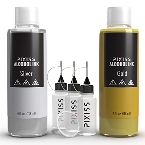 Pixiss Silver and Gold Alcohol Ink for Resin - Metallic Ink Set with 4-Ounce Bottles, Applicator Bottle & Funnel
