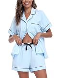 EA'S SECRET Womens Pajamas Set 100% Cotton Soft Short Sleeve Sleepwear Button Down Nightwear Summer Pj Sets S-XXL(Light Blue,L)
