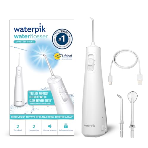 Waterpik WF-20 Pulse, Hydropulseur Sans Fil, Recommandé par l’UFSBD, Jet dentaire Rechargeable, Elimine la Plaque, 2 Niveaux de Pression, 45 Secondes de...