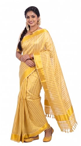 Image of Kerala Traditional Tissue Saree for Women with Running Blouse | South Indian Ethnic Saree for Weddings Onam Vishu Temple Wear & Festivals