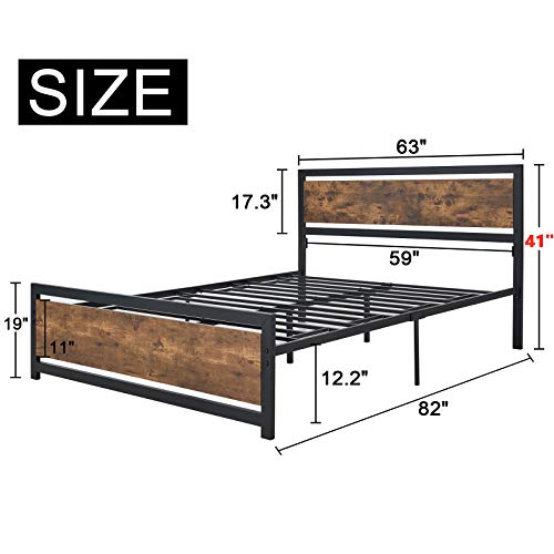 Amerlife Queen Size Bed Frame with Wood Headboard - Metal Platform Bed with Industrial Footboard - Heavy Duty Steel Mattress Foundation/ 4 U-Shaped Support Frames/Rustic Country Style/Easy Assembly