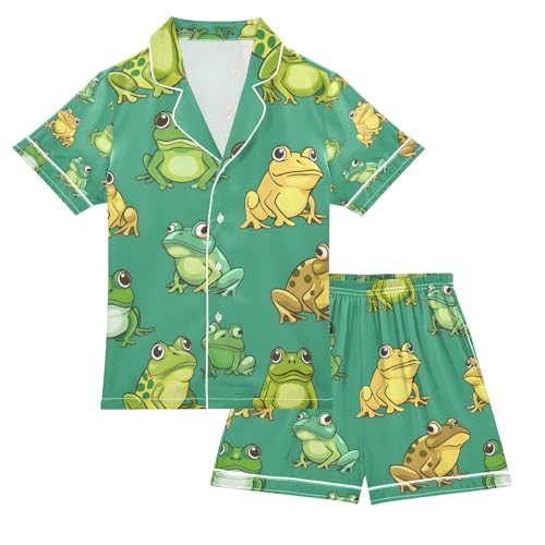 senya Cartoon Frogs Green Satin Summer Pajama Sets Silk Short Sleeve Button Down Sleepwear