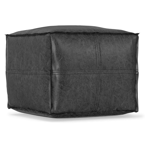 SIMPLIHOME Brody Square Pouf - 18" Wide x 14" High Upholstered Vegan Leather Ottoman in Distressed Black, Boho Footstool, Coffee Table or Extra Seating for Living Room or Bedroom, Assembled by SIMPLIHOME - Image 5