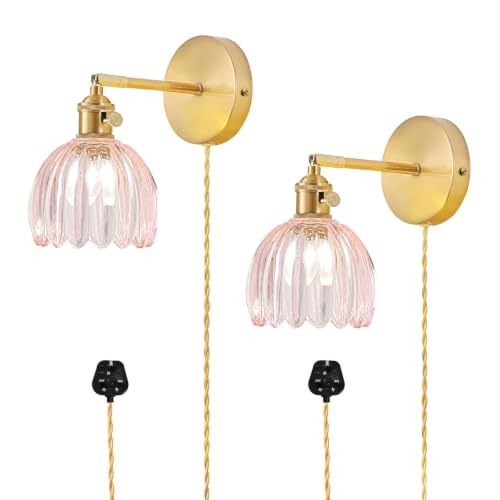 Image of NETHCUEL Plug in Wall Sconces Set of 2, Vintage Wall Lights with Tulip Pink Glass Lampshade, 180° Adjustable Wall Light with Switch and Plug in Wall Lamp Cord, Light Bulb Not Included