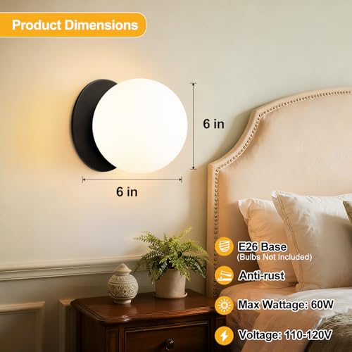 Image of 2 Pack Modern Matte Black Wall Light Fixtures, Mid-Century Globe Glass Wall Sconces Set of Two for Bathroom Mirror, Living Room, Hallway, Entryway (Bulbs Not Included)