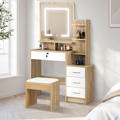 Oikiture Dressing Table with Mirror Lighted Makeup Mirror with Shelf and Storage Cabinet Dressing Table with Stool Wood