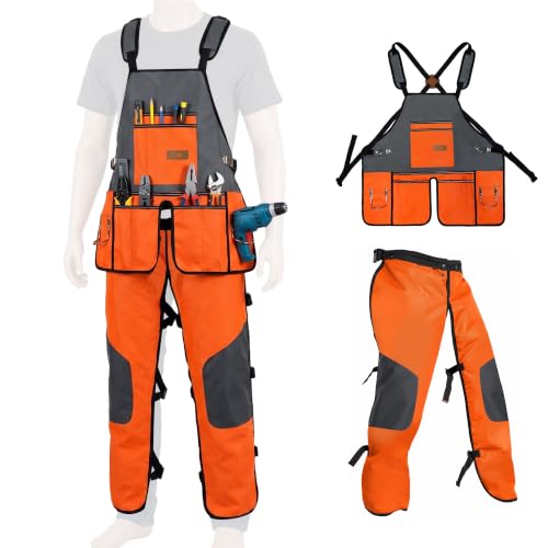 GeerDuo 2-in-1 Chainsaw Protective Chaps and Apron Combo, Heavy Duty 900D Oxford Woodworking Tool Apron with 10 Pockets, Adjustable Safety Logger Chaps for Carpenter, Arborist, Gardening