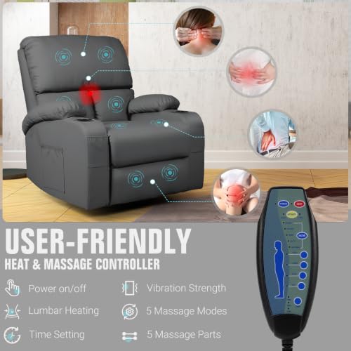 Image of LEVELEVE Rocking Recliner Chair, Massage Rocker Recliner Chair with Vibration Massage and Heat,USB and Type-C Ports, 360 Swivel Faux Leather Chairs, Living Room, Bedroom, Nursery, RV, Dark Grey