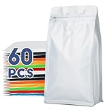 Coffee Bags with Valve(60pcs,4 oz,0.25 lb) Vented Coffee Beans Packaging Bags High Barrier Aluminumed Foil Flat Bottom Heat Sealed Side Zipper Resealable Storage Bag for Home or Business（White）