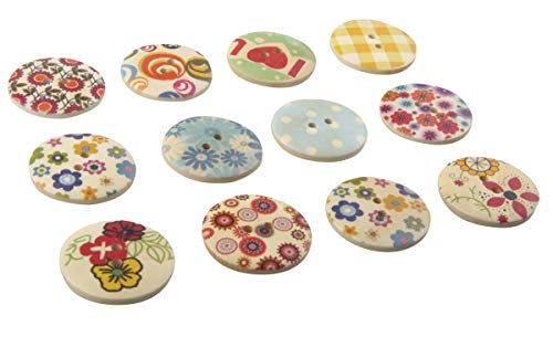 Allinone 30Pcs Assorted 2 Holes Round Flower Painted Wooden Sewing Buttons 30Mm (1.18") #TOP1