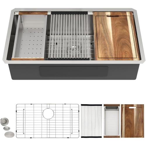 Image of 32 inchx19 inch Undermount Kitchen Sink Workstation - 16 Gauge 304 Stainless Steel Ledge Workstation Under Counter Round Corners Single Bowl Basin