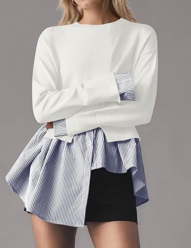 Women Side Split Crew Neck Pullover Sweater 2 in 1 Button Down Patchwork Knit Sweater Asymmetrical Hem Striped Shirt2