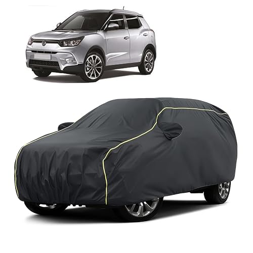 Image of Sulfar 100% Water Resistant Car Body Cover Compatible with Mirror for SsangYong Tivoli (Triple Stitched, Full Bottom Elastic, Dark Grey Taffeta with Yellow Piping)