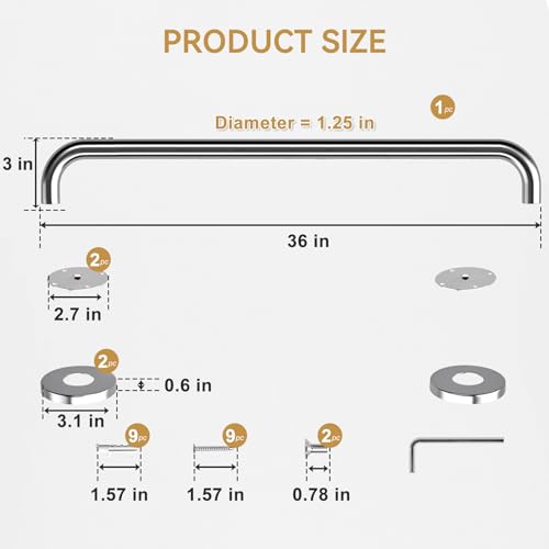 Image of AmazerBath Grab Bar for Bathtubs and Showers - Anti Slip, 36 inch L x 1.25 inch D, Stainless Steel, Senior and Handicap Accessible, Holds 500LBS