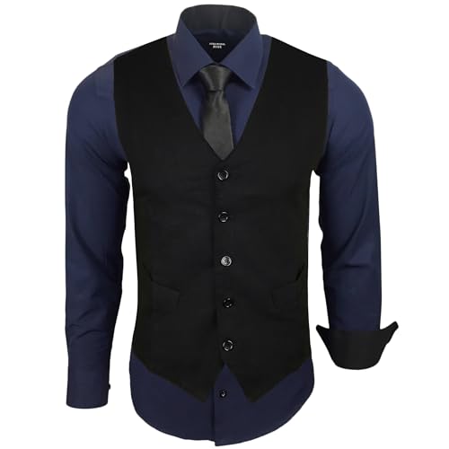 Subliminal Mode - Gilet + Chemise + Cravate Homme Col Bicolore Uni Manches Longues Coupe Ajusté Business Repassage Facile RN33 Noir et Bleu Marine L