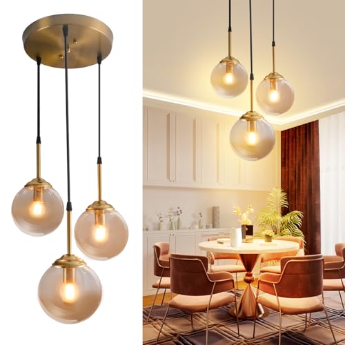 Kikioo Lustre moderne en métal de luxe nordique créatif transparent/fumé gris/ambre boule de verre lampe suspendue cluster e14 îlot de cuisine salon salle à manger...