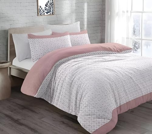 Coral Fleece Duvet Cover Set with Pillowcase, Super Soft Teddy Sherpa Fleece Quilt Cover with Zip Closure, Printed Warm Bedding Set for Ultimate Comfort (Pink, Double)