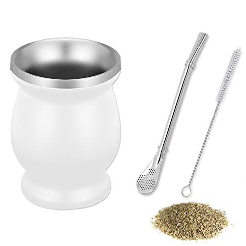 SVUPUE Set Mate, Con Cuchara para Pajitas y Cepillo de Limpieza, Juego de Té Mate Apto para Té Mate, Café, Leche y Zumo, Blanco