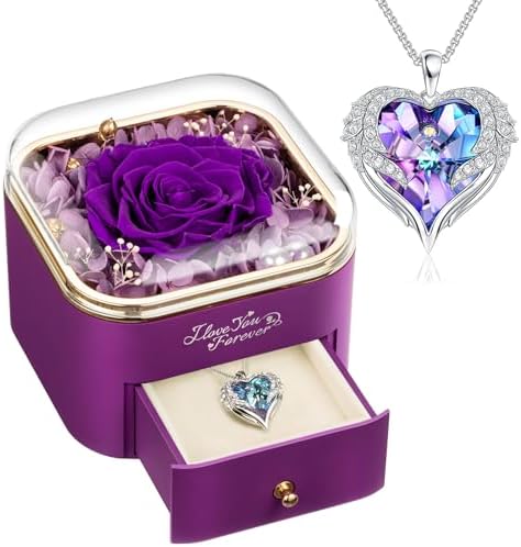 NEWNOVE Mothers Day Gifts -Preserved Real Purple Rose with Purple Necklace -Forever Flowers Gifts for Women Mom Grandma Wife Girlfriend, Anniversary Birthday Gifts for Women I Love You Gifts for Her