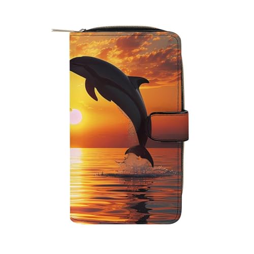 Dolphin Sunset Leather Long Pouch Wallet for Men And Women Large Capacity Clutch Cash Wallet with Zippered